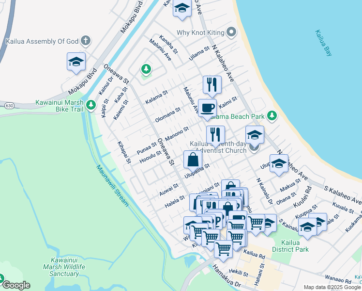 map of restaurants, bars, coffee shops, grocery stores, and more near 430C Hualani Street in Kailua