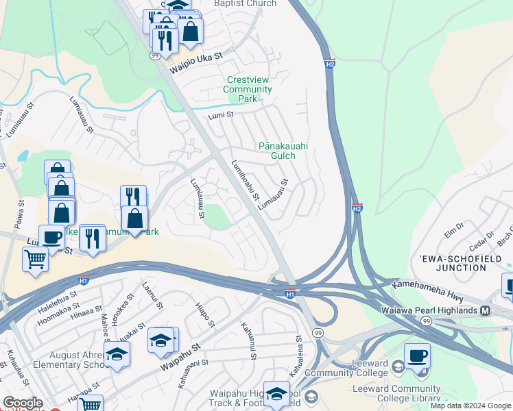map of restaurants, bars, coffee shops, grocery stores, and more near 94-991 Lumihoahu Street in Waipahu