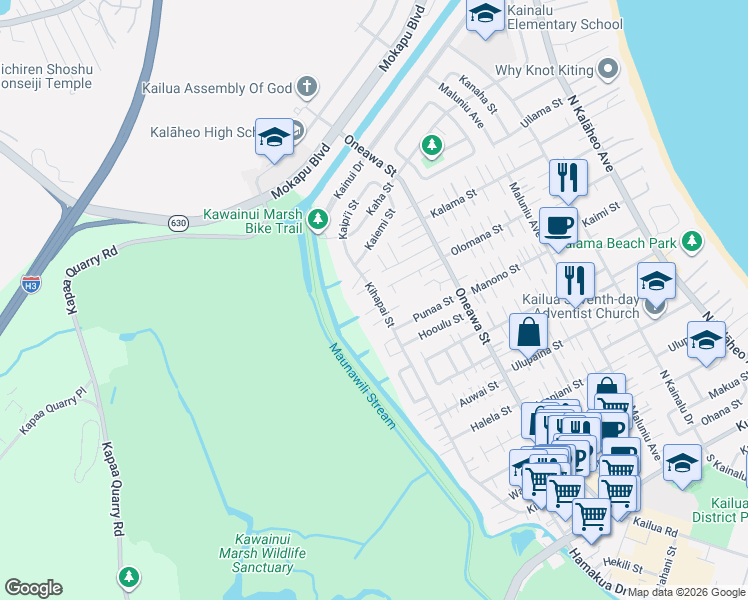 map of restaurants, bars, coffee shops, grocery stores, and more near 732 Kaipii Street in Kailua