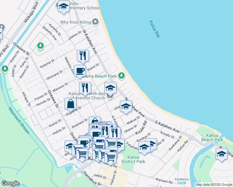 map of restaurants, bars, coffee shops, grocery stores, and more near 63 Kalaka Place in Kailua