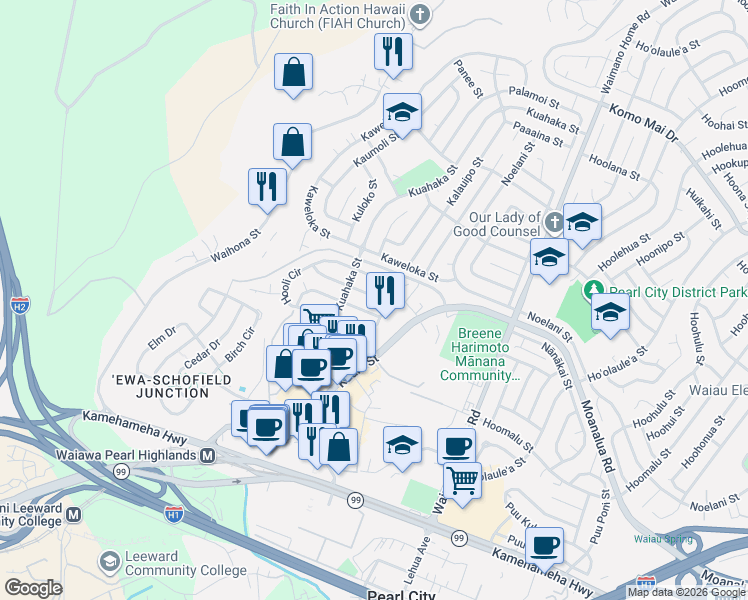 map of restaurants, bars, coffee shops, grocery stores, and more near 1525 Hooli Circle in Pearl City