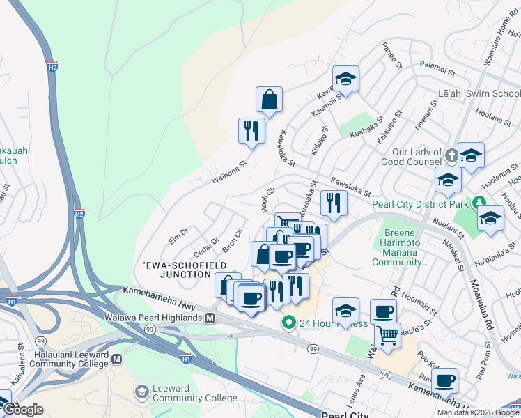 map of restaurants, bars, coffee shops, grocery stores, and more near 1311 Haawi Way in Pearl City