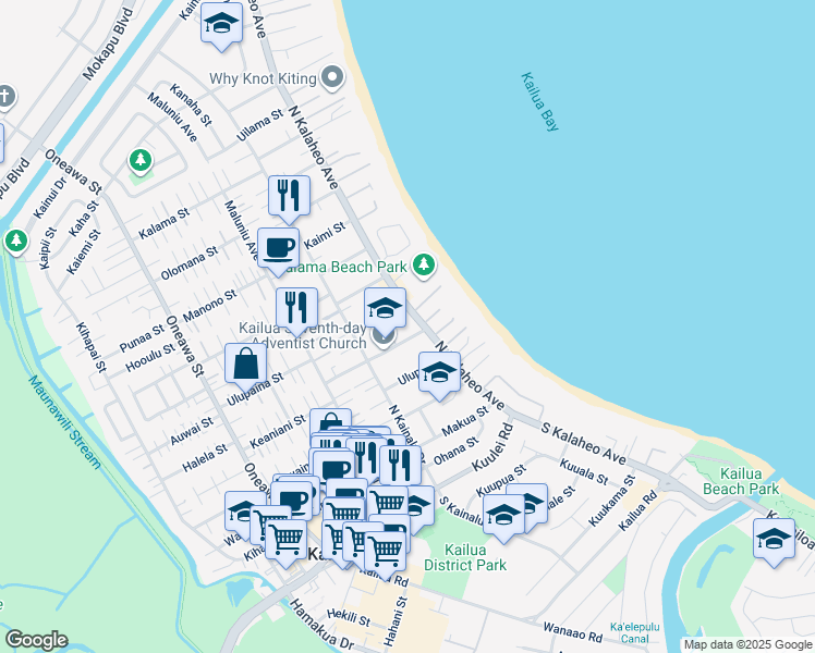 map of restaurants, bars, coffee shops, grocery stores, and more near 63 Kalaka Place in Kailua