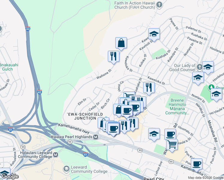map of restaurants, bars, coffee shops, grocery stores, and more near 1027 Hooli Place in Pearl City