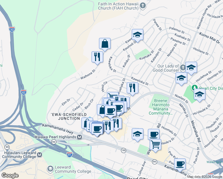 map of restaurants, bars, coffee shops, grocery stores, and more near 1199 Palekaiko Street in Pearl City