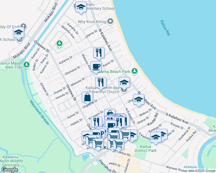 map of restaurants, bars, coffee shops, grocery stores, and more near 275 North Kainalu Drive in Kailua