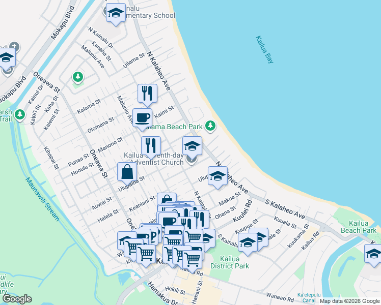 map of restaurants, bars, coffee shops, grocery stores, and more near 132 Hauoli Street in Kailua
