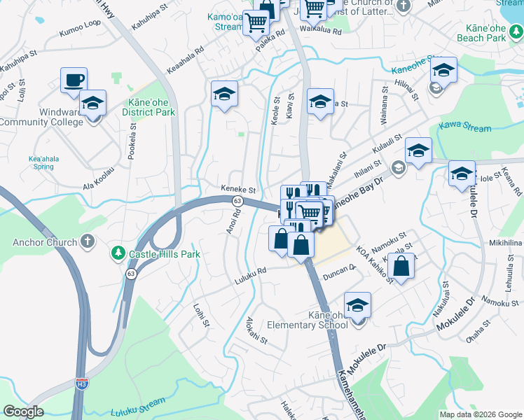 map of restaurants, bars, coffee shops, grocery stores, and more near 45-544 Kapalai Road in Kaneohe