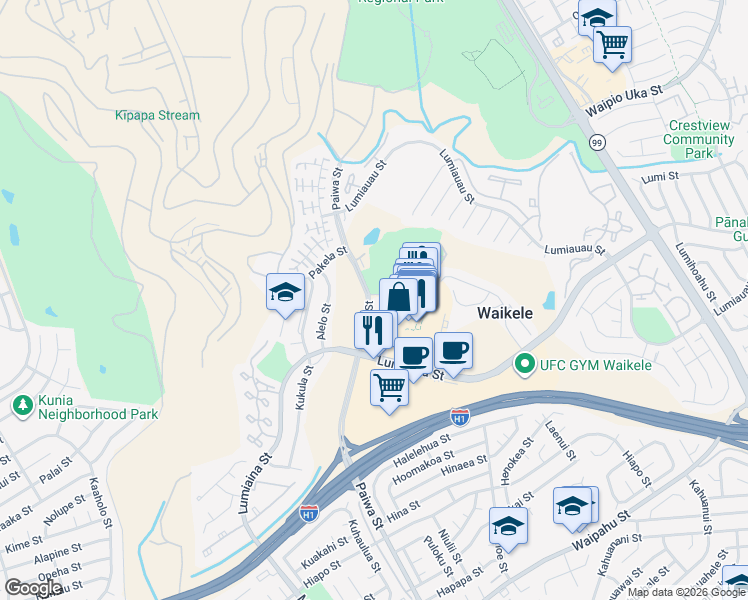 map of restaurants, bars, coffee shops, grocery stores, and more near 94-215 Paioa Place in Waipahu