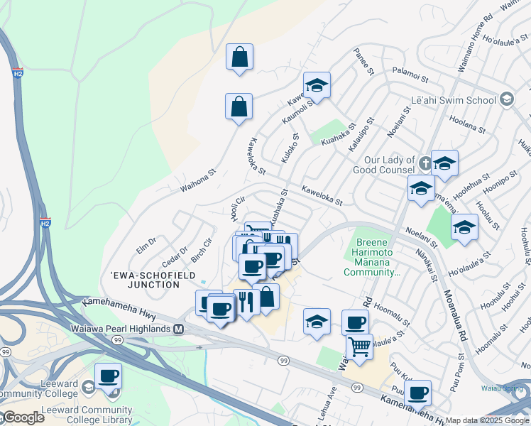 map of restaurants, bars, coffee shops, grocery stores, and more near 1342 Kuahaka Street in Pearl City