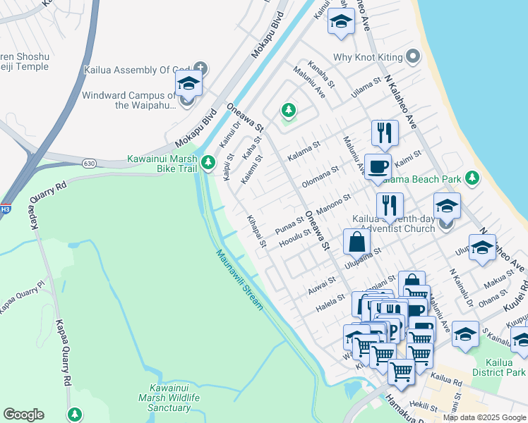 map of restaurants, bars, coffee shops, grocery stores, and more near 557 Olomana Street in Kailua