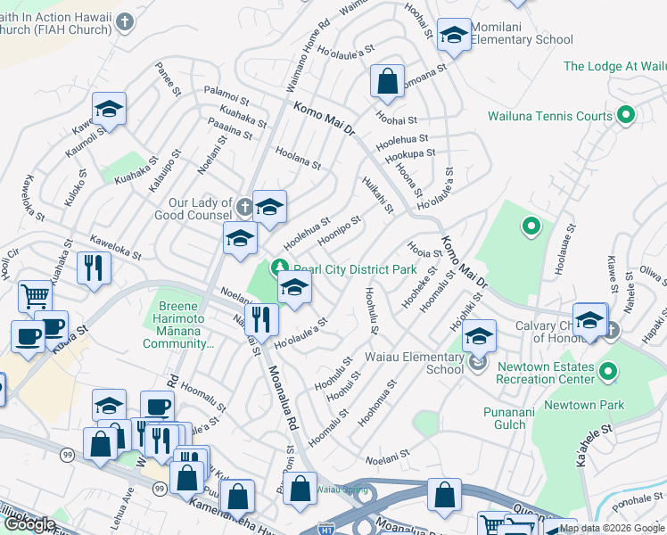 map of restaurants, bars, coffee shops, grocery stores, and more near 1606 Hoopai Place in Pearl City