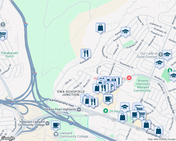 map of restaurants, bars, coffee shops, grocery stores, and more near 1050 Hooli Place in Pearl City