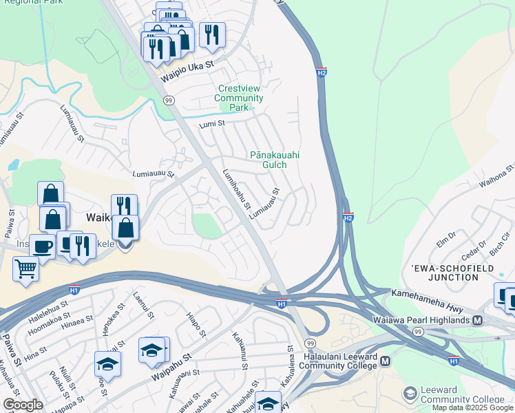 map of restaurants, bars, coffee shops, grocery stores, and more near 94-975 Lumimoe Street in Waipahu