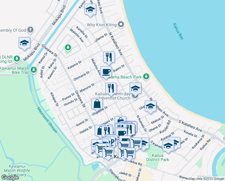 map of restaurants, bars, coffee shops, grocery stores, and more near 245 Hualani Street in Kailua