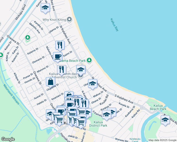 map of restaurants, bars, coffee shops, grocery stores, and more near 63 Kalaka Place in Kailua