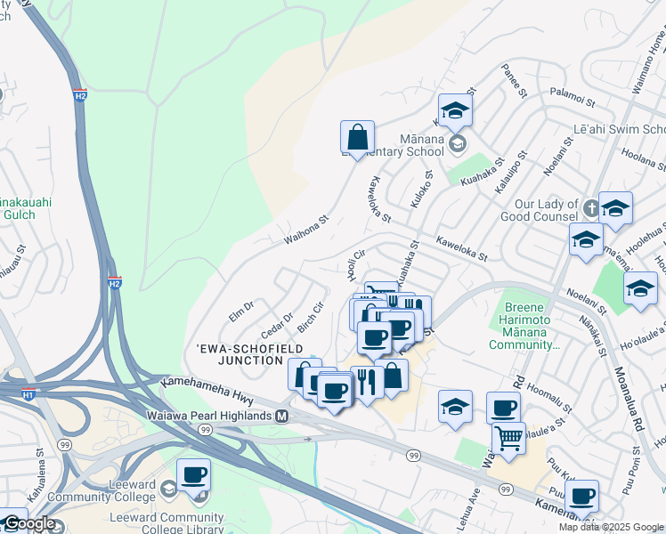 map of restaurants, bars, coffee shops, grocery stores, and more near 1311 Haawi Way in Pearl City