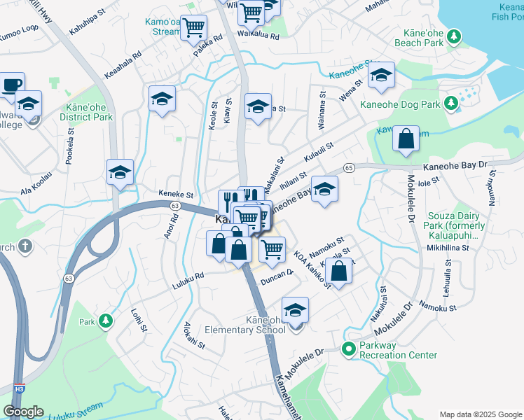 map of restaurants, bars, coffee shops, grocery stores, and more near 45-655 Kamehameha Highway in Kaneohe