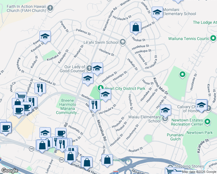 map of restaurants, bars, coffee shops, grocery stores, and more near 771 Hooluu Street in Pearl City