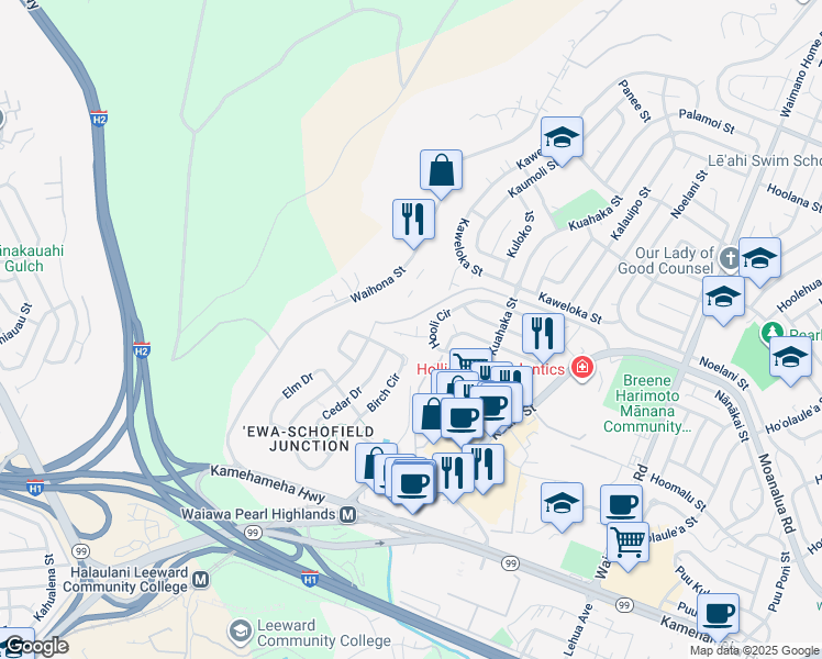 map of restaurants, bars, coffee shops, grocery stores, and more near 1311 Haawi Way in Pearl City