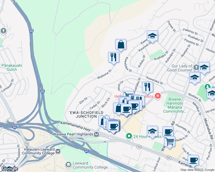 map of restaurants, bars, coffee shops, grocery stores, and more near 1050 Hooli Place in Pearl City