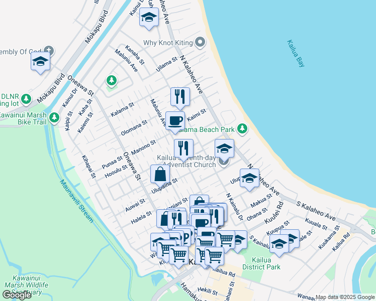 map of restaurants, bars, coffee shops, grocery stores, and more near 241 Hualani Street in Kailua