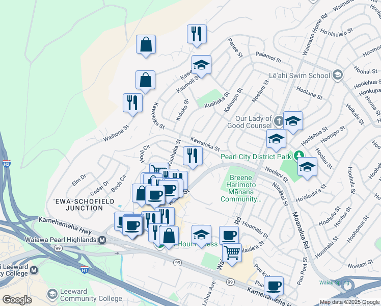 map of restaurants, bars, coffee shops, grocery stores, and more near 1525 Hooli Circle in Pearl City