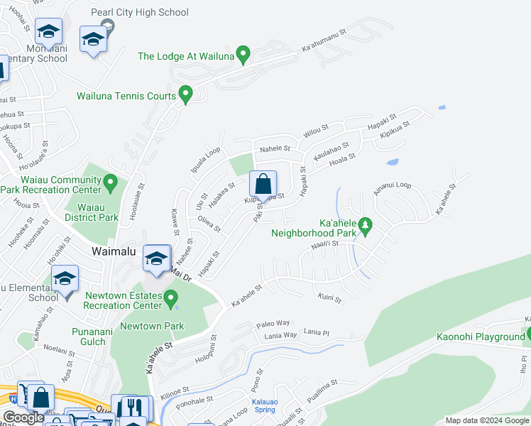 map of restaurants, bars, coffee shops, grocery stores, and more near 98-1737 Hapaki Street in Aiea