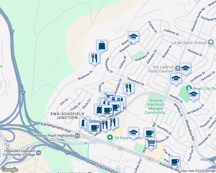map of restaurants, bars, coffee shops, grocery stores, and more near 1212 Palekaiko Street in Pearl City