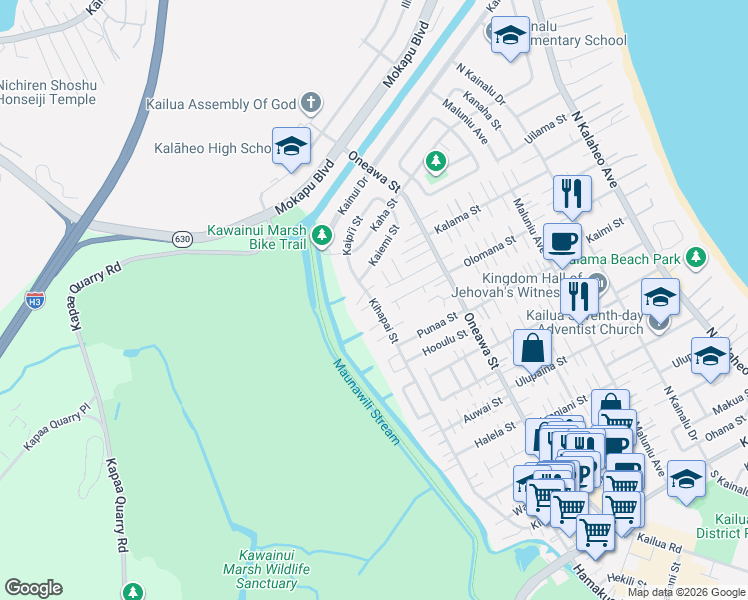 map of restaurants, bars, coffee shops, grocery stores, and more near 732 Kaipii Street in Kailua