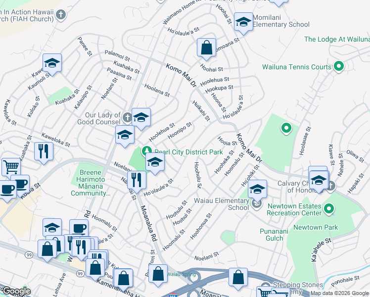 map of restaurants, bars, coffee shops, grocery stores, and more near 1606 Hoopai Place in Pearl City
