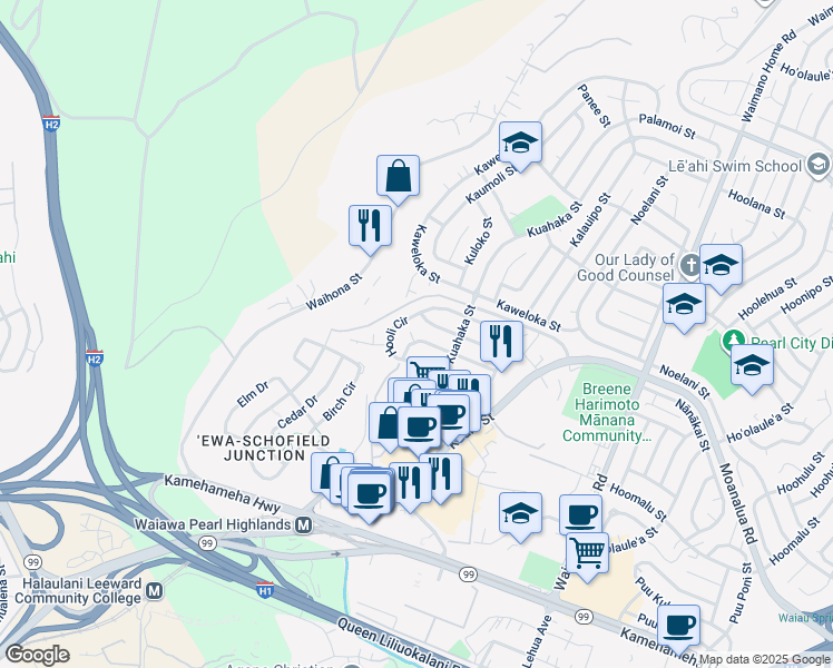 map of restaurants, bars, coffee shops, grocery stores, and more near 1212 Palekaiko Street in Pearl City