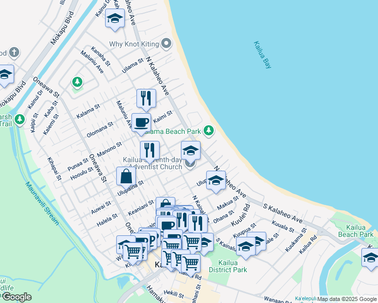 map of restaurants, bars, coffee shops, grocery stores, and more near 132 Hauoli Street in Kailua