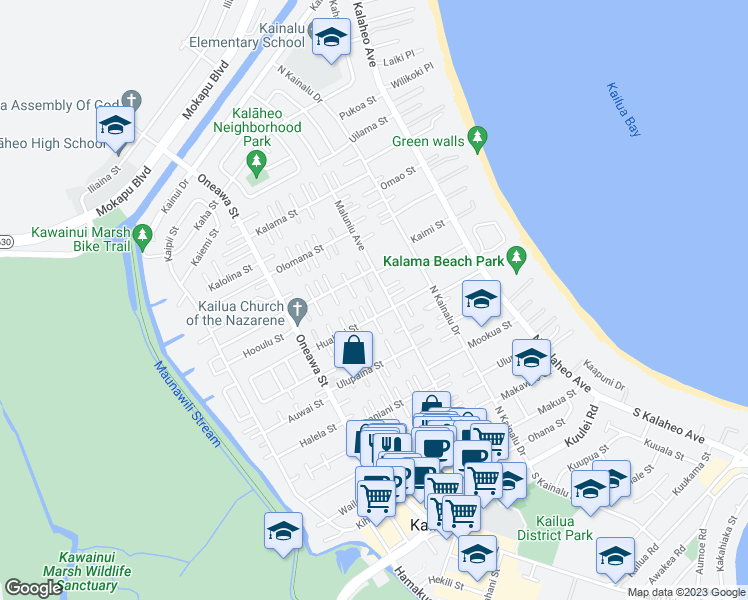 map of restaurants, bars, coffee shops, grocery stores, and more near 324C Hualani Street in Kailua