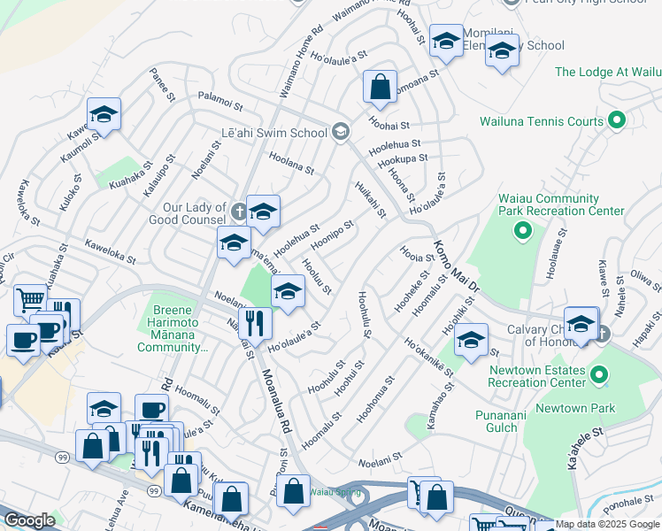 map of restaurants, bars, coffee shops, grocery stores, and more near 1606 Hoopai Place in Pearl City
