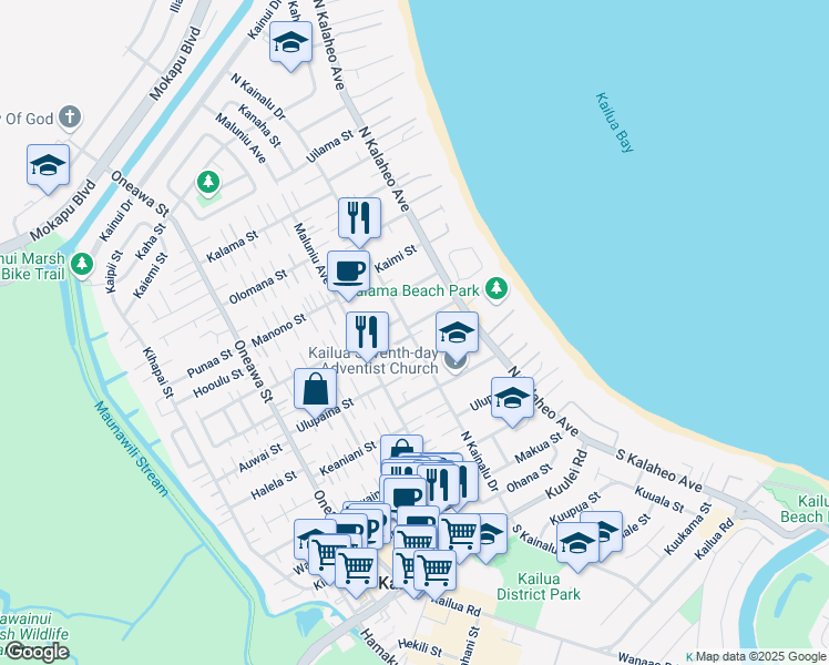 map of restaurants, bars, coffee shops, grocery stores, and more near 280 North Kainalu Drive in Kailua