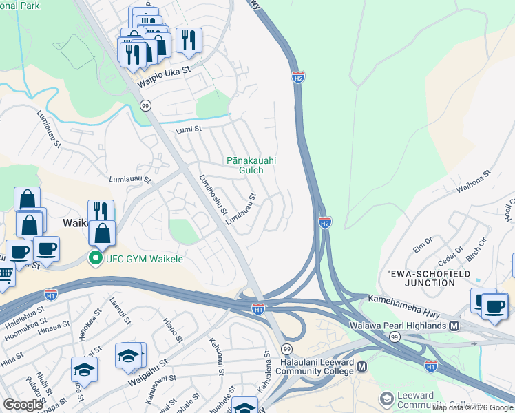 map of restaurants, bars, coffee shops, grocery stores, and more near 94-1074 Lumihoahu Street in Waipahu