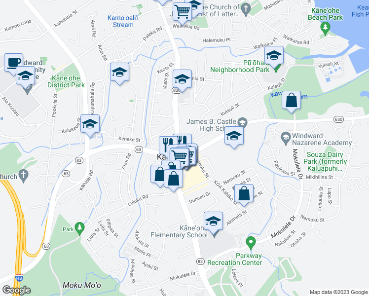 map of restaurants, bars, coffee shops, grocery stores, and more near 45-655 Kamehameha Highway in Kaneohe