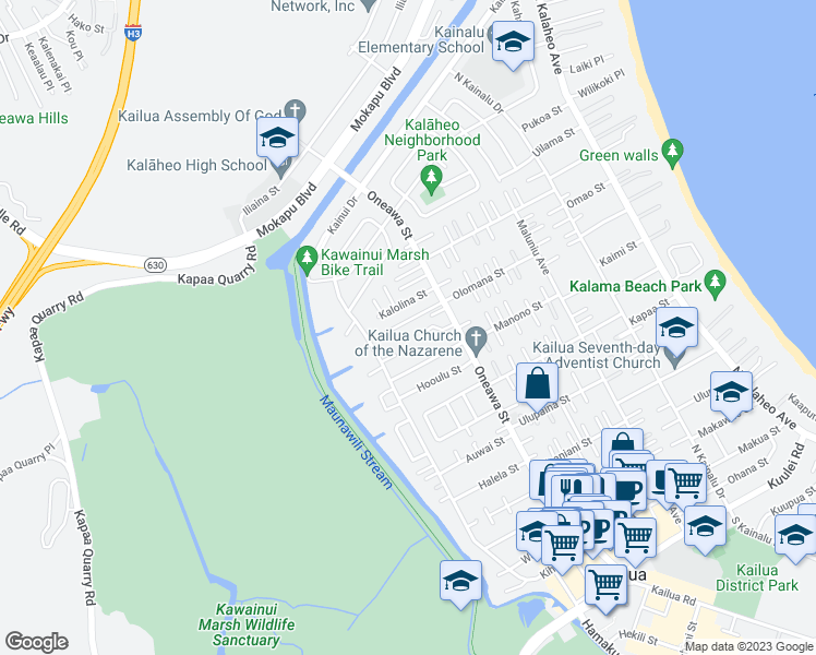 map of restaurants, bars, coffee shops, grocery stores, and more near 557 Olomana Street in Kailua