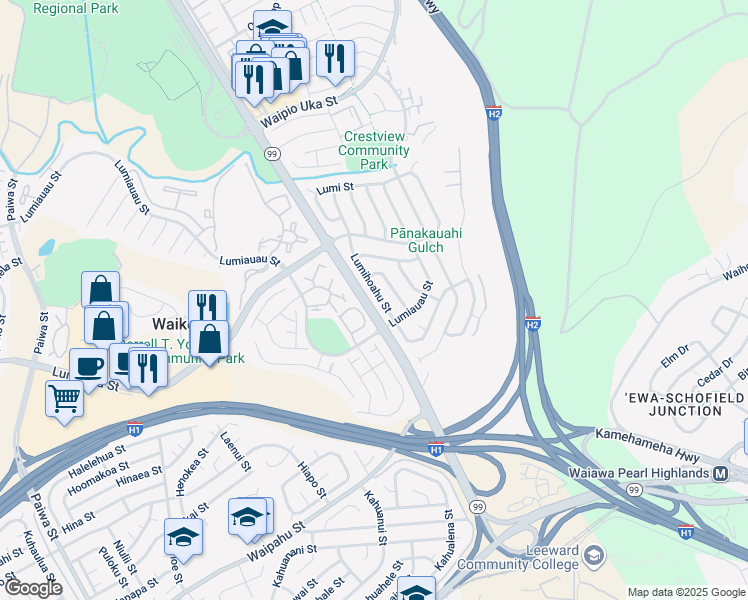 map of restaurants, bars, coffee shops, grocery stores, and more near 94-967 Lumihoahu Street in Waipahu