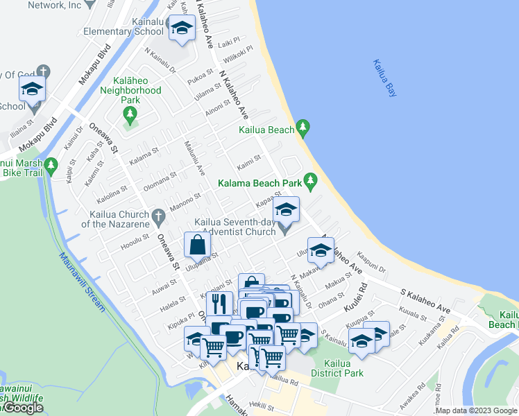 map of restaurants, bars, coffee shops, grocery stores, and more near 280 North Kainalu Drive in Kailua