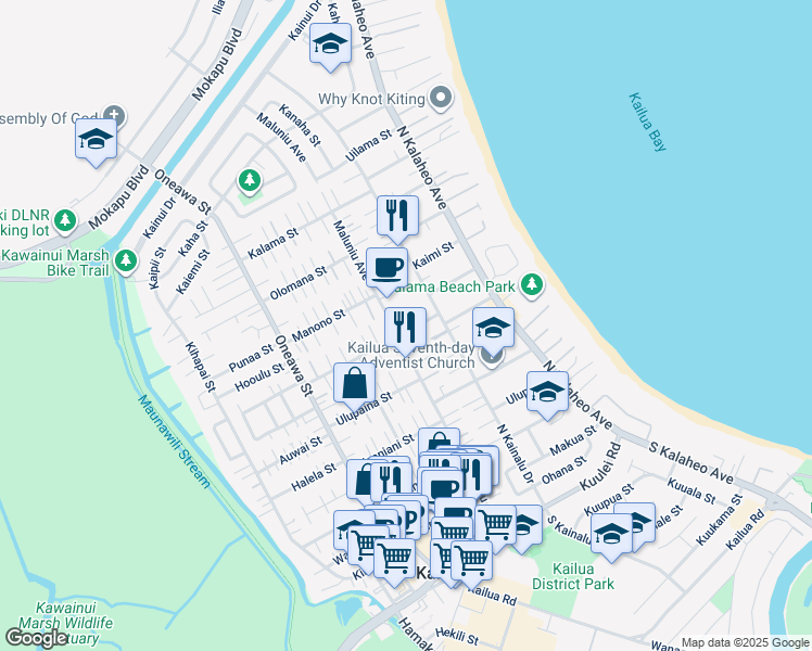 map of restaurants, bars, coffee shops, grocery stores, and more near 241 Hualani Street in Kailua