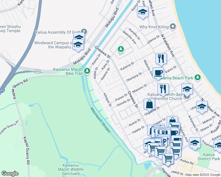 map of restaurants, bars, coffee shops, grocery stores, and more near 557 Olomana Street in Kailua