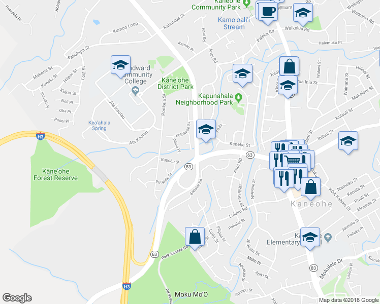 map of restaurants, bars, coffee shops, grocery stores, and more near 45-695 Kuahulu Place in Kaneohe