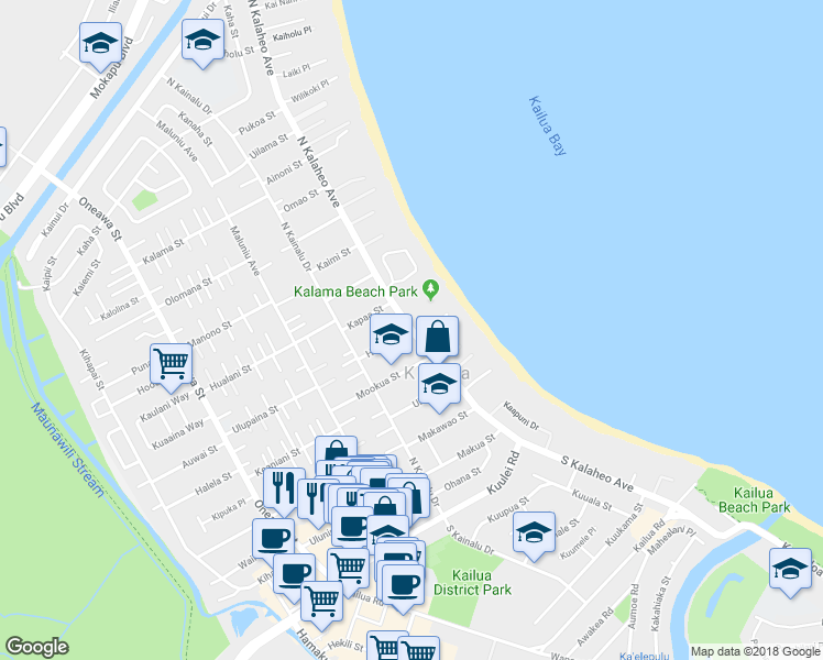 map of restaurants, bars, coffee shops, grocery stores, and more near 100 Hauoli Street in Kailua