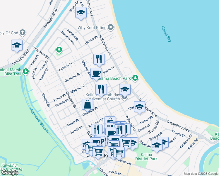 map of restaurants, bars, coffee shops, grocery stores, and more near 280 North Kainalu Drive in Kailua