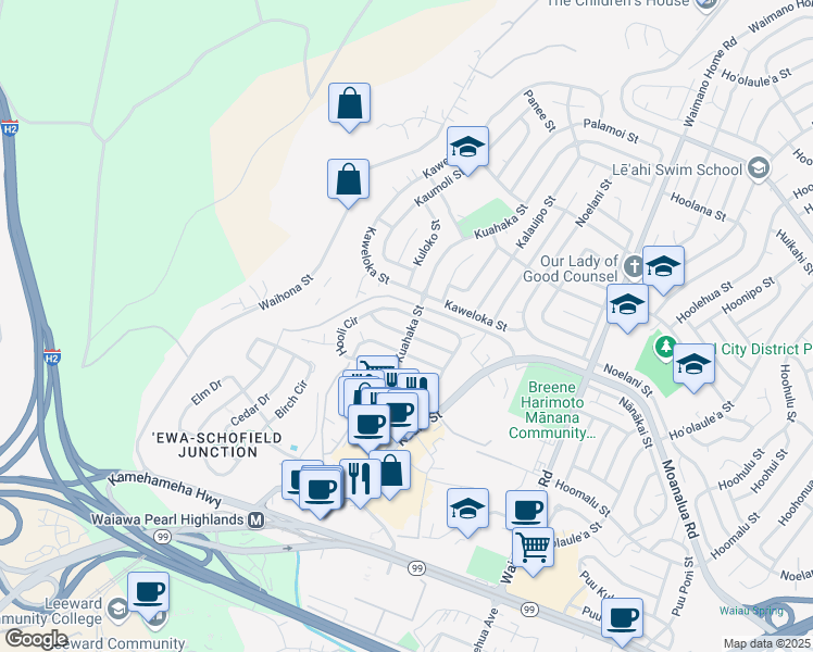 map of restaurants, bars, coffee shops, grocery stores, and more near 1342 Kuahaka Street in Pearl City