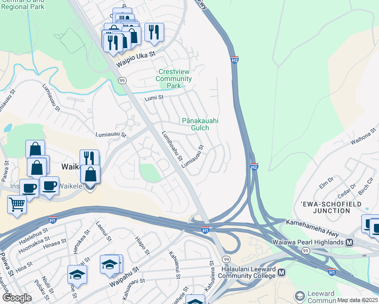 map of restaurants, bars, coffee shops, grocery stores, and more near 94-975 Lumimoe Street in Waipahu