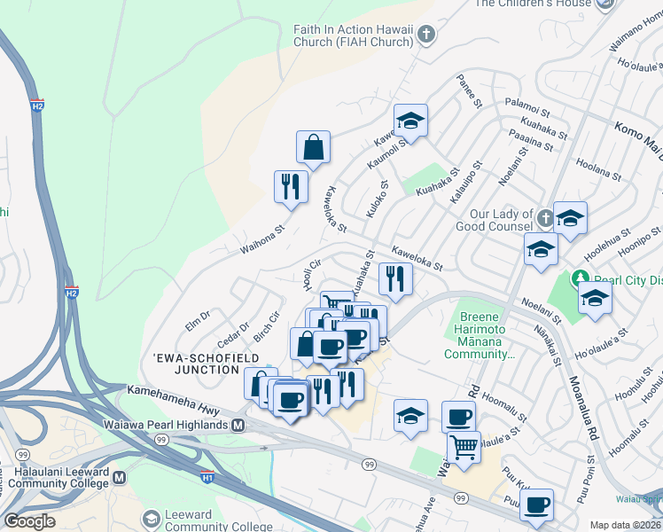 map of restaurants, bars, coffee shops, grocery stores, and more near 1212 Palekaiko Street in Pearl City