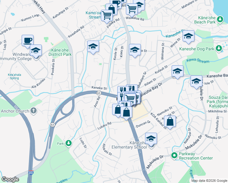 map of restaurants, bars, coffee shops, grocery stores, and more near 45 Kapalai Place in Kaneohe